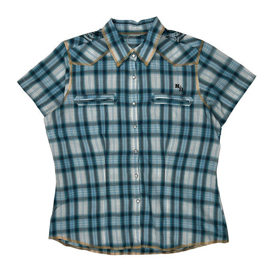 Embroidered Logo Harley Davidson Checked Short Sleeve Shirt - Large Blue Cotton