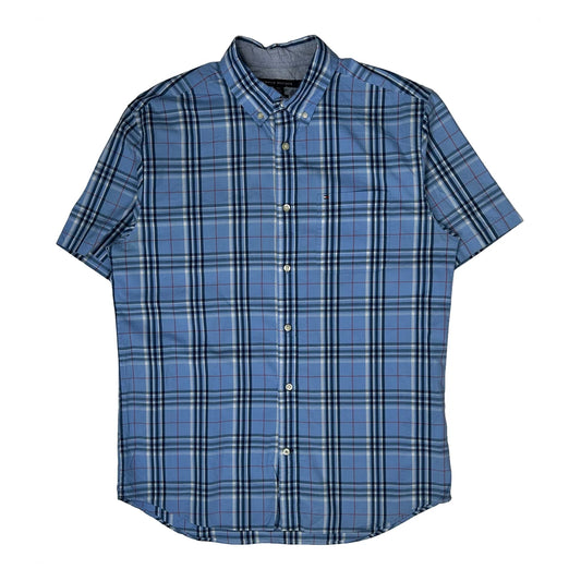 Vintage Tommy Hilfiger Checked Short Sleeve Shirt - Large Blue Cotton
