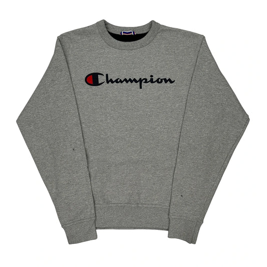 Champion Spellout Sweatshirt - Small Grey Cotton Blend