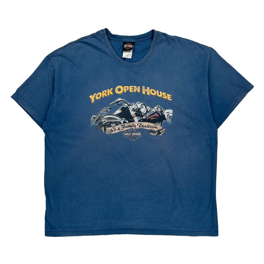 York Open House Harley Davidson Graphic T-Shirt - 2XL Blue Cotton