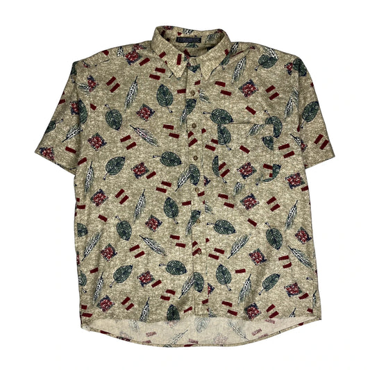 Vintage Van Heusen Floral Hawaiian Shirt - Large Beige Linen Blend