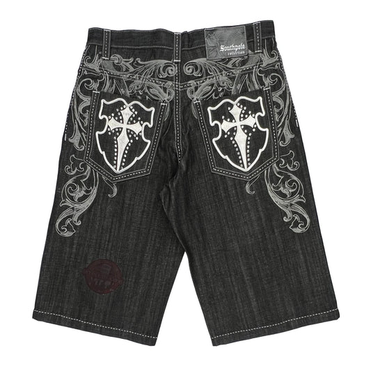 Cross Embroidery Southpole Hip Hop Denim Shorts - 34W 13L Black Denim