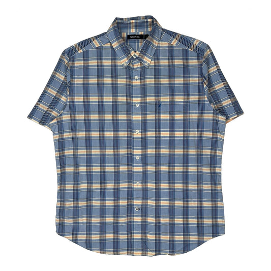 Nautica Checked Short Sleeve Shirt - Large Blue Cotton