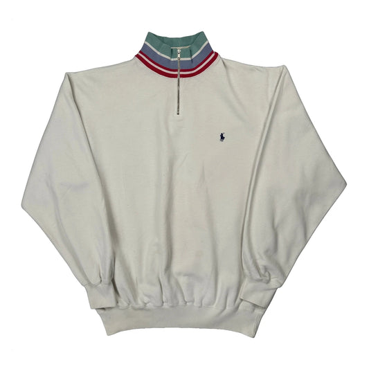 Polo By Ralph Lauren Striped 1/4 Zip - Medium White Cotton