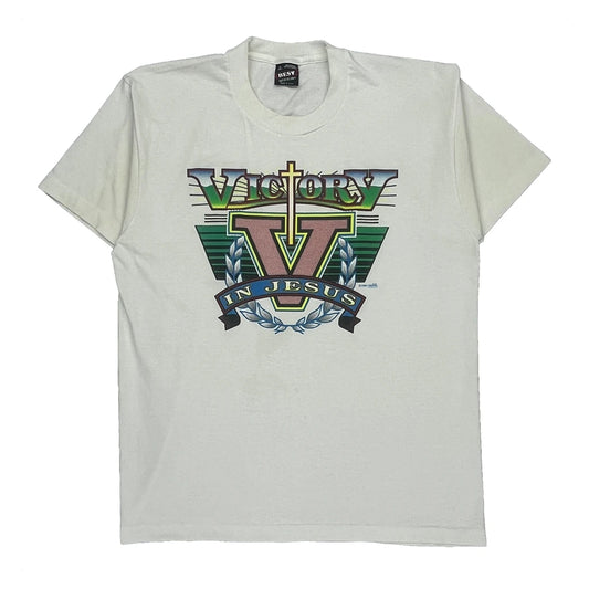 Victory In Jesus Fruit Of The Loom Graphic T-Shirt - Large White Cotton Blend