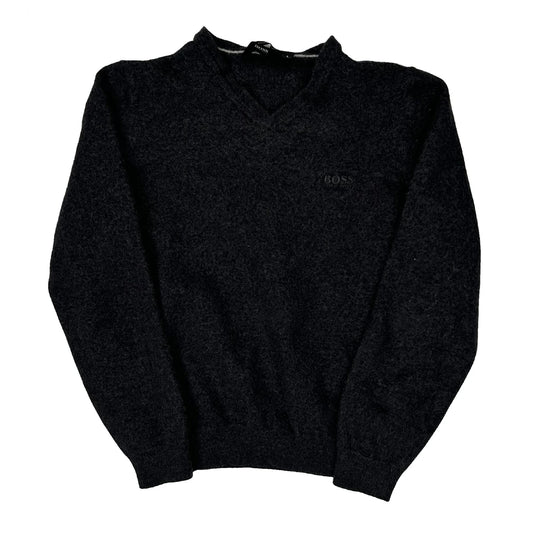 Hugo Boss V-Neck Jumper - Large Grey Merino Wool