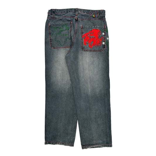 Lion Embroidery Unbranded Graphic Jeans - 36W 32L Green Cotton