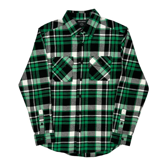 Vintage Harley Davidson Checked Flannel Shirt - Medium Green Cotton