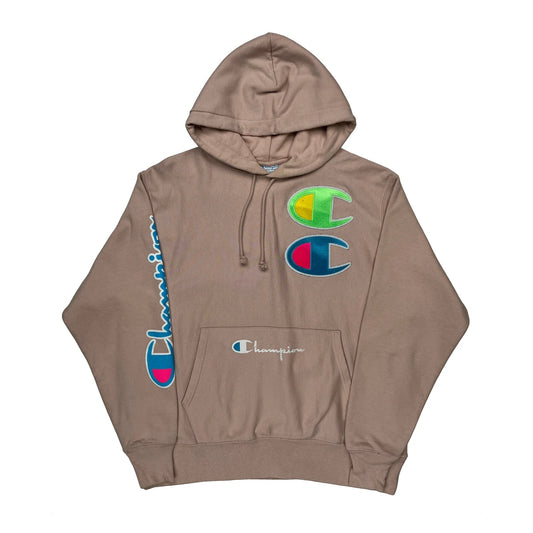 Vintage Reverse Weave Champion Spellout Hoodie - Large Brown Cotton