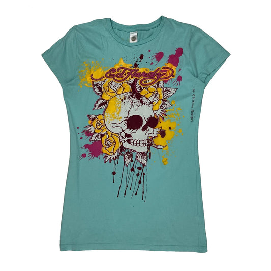 Ed Hardy Graphic T-Shirt - Large Blue Cotton