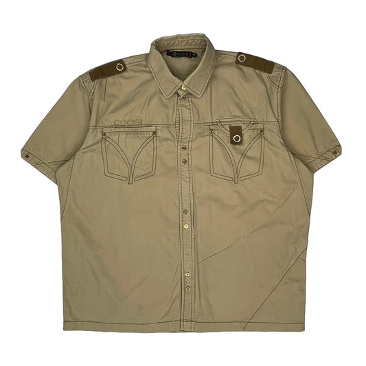 Vintage Y2K Coogi Military Style Short Sleeve Shirt - 2XL Beige Cotton