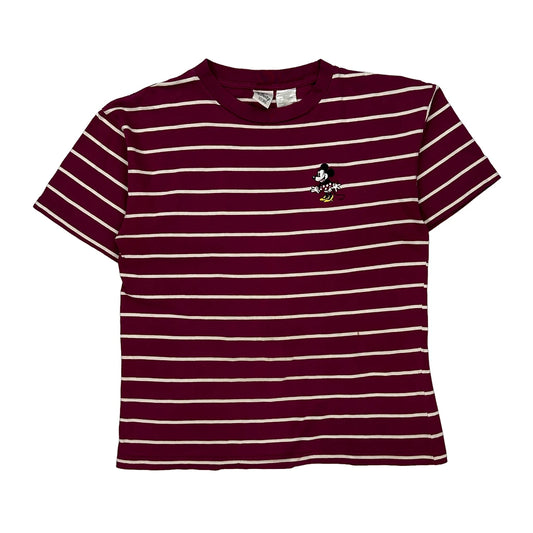 Mickey Mouse Disney Striped T-Shirt - Medium Burgundy Cotton