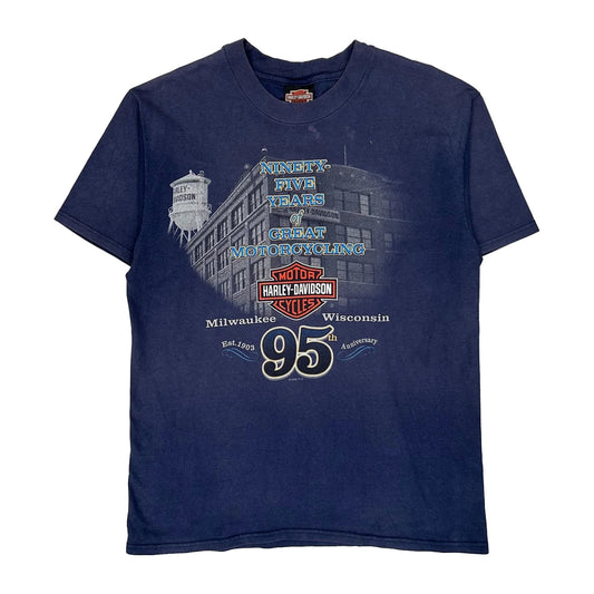 Vintage Onalaska Harley Davidson Graphic T-Shirt - Medium Navy Cotton