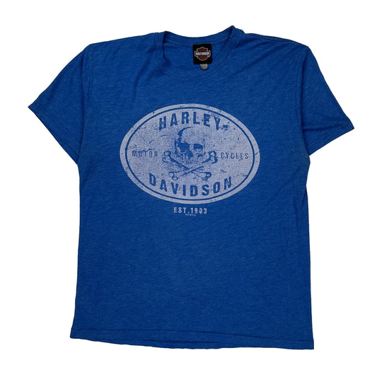 Vintage Skull And Crossbones Design Harley Davidson Graphic T-Shirt - Large Blue Cotton
