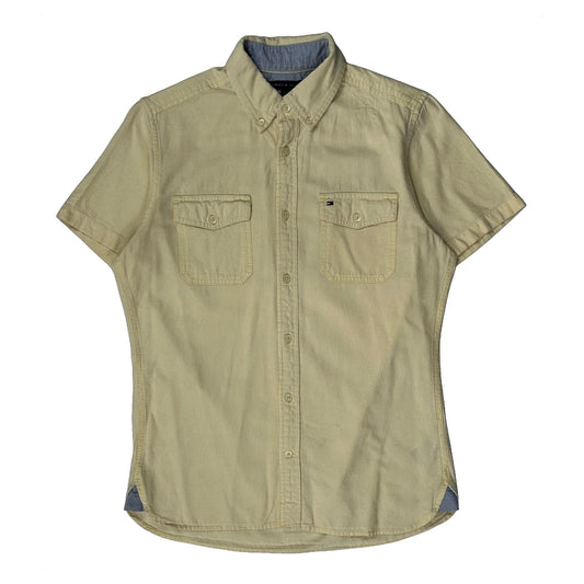 Vintage Tommy Hilfiger Slim Fit Short Sleeve Shirt - Small Cream Cotton