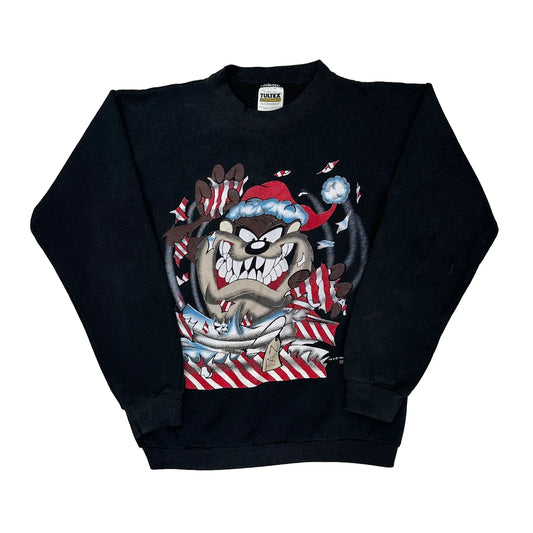 Vintage Looney Tunes Tultex Taz Christmas Sweatshirt - XL Black Cotton Blend