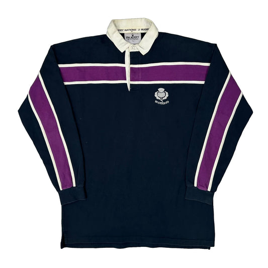 Vintage Scotland Rugby Nations Striped Rugby Shirt - Large Navy Cotton