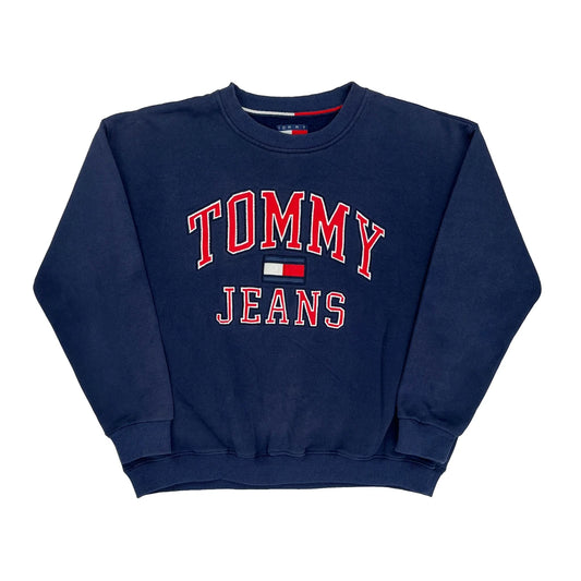 Vintage Tommy Jeans Spellout Sweatshirt - Large Navy Cotton