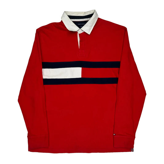 Tommy Hilfiger Striped Rugby Shirt - Large Red Cotton