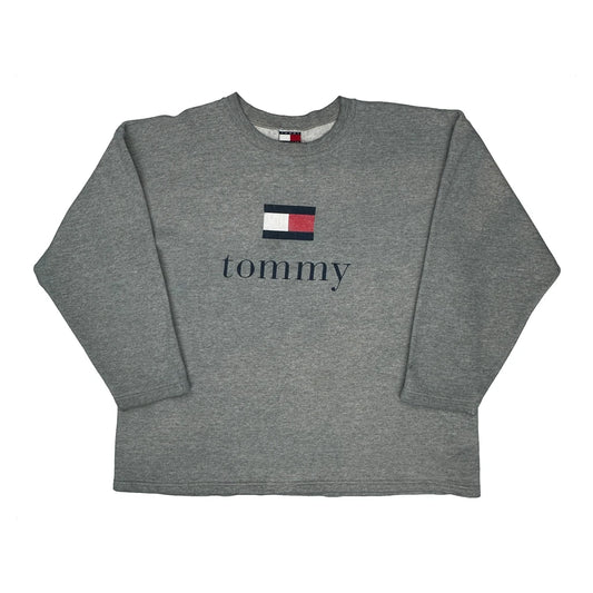 90S Tommy Hilfiger Spellout Sweatshirt - XL Grey Cotton