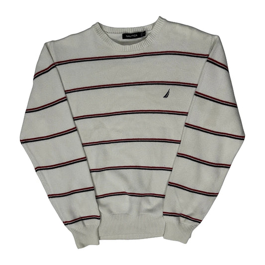 Vintage Nautica Striped Jumper - Medium White Cotton