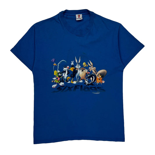 Vintage Looney Tunes Characters Six Flags Cartoon T-Shirt - Small Blue Cotton