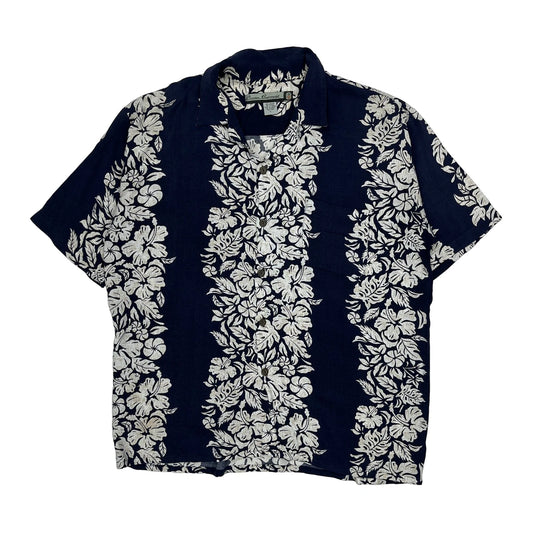 Ocean Current Floral Hawaiian Shirt - Large Navy Viscose