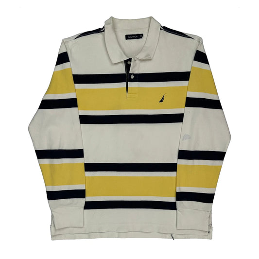 Nautica Striped Long Sleeve Polo Shirt - XL Cream Cotton