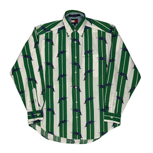 Tommy Hilfiger Striped Patterned Shirt - Small Green Cotton