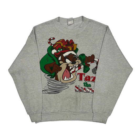 Taz The Season Looney Tunes Christmas Sweatshirt - Large Grey Cotton