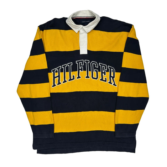 Vintage Spellout Tommy Hilfiger Striped Rugby Shirt - Medium Navy Cotton