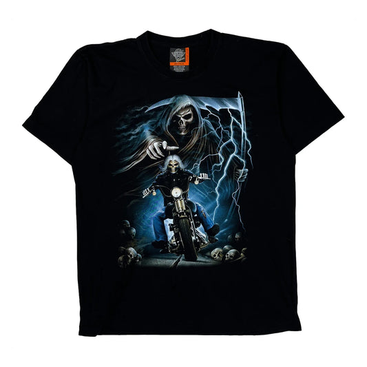 Skull And Motorcycle Graphic Rock Eagle Single Stitch T-Shirt - XL Black Cotton