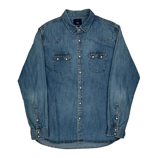 Zara Western Pearl Snap Denim Shirt - XL Blue Denim