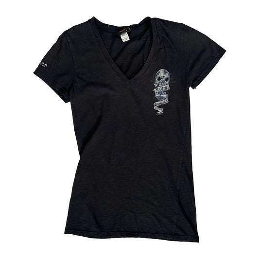 Vintage Skull And Wings Design Harley Davidson Graphic T-Shirt - Large Black Cotton