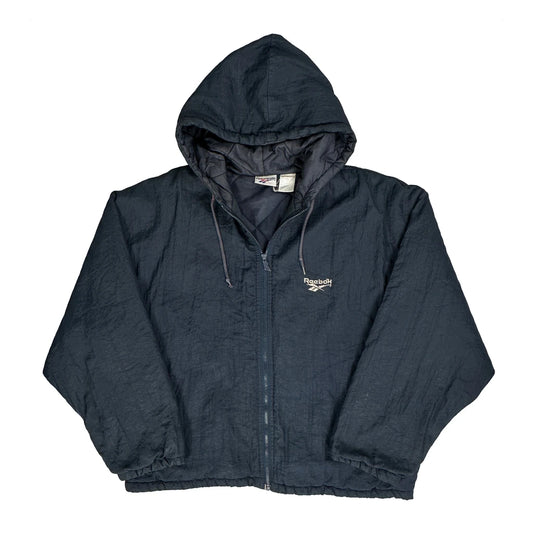 Hooded Reebok Spellout Windbreaker - Large Navy Nylon