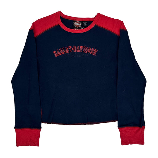 Harley Davidson Cropped Long Sleeve T-Shirt - Medium Navy Cotton