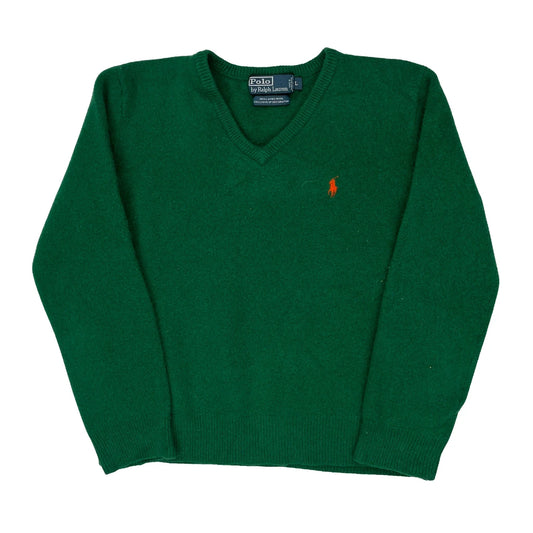 Vintage Polo By Ralph Lauren V-Neck Jumper - Large Green Wool