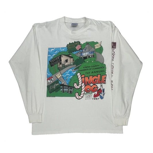 Jingle Jog 1997 All Sport Christmas Graphic Long Sleeve T-Shirt - XL White Cotton