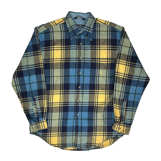 Nautica Checked Flannel Shirt - Large Blue Cotton