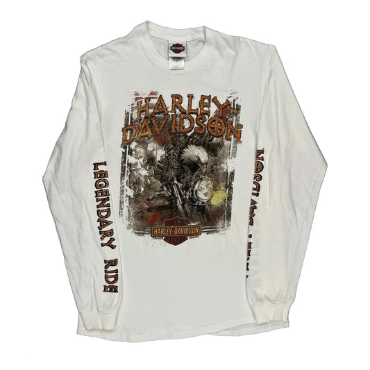Legendary Ride Harley Davidson Graphic Long Sleeve T-Shirt - Medium White Cotton