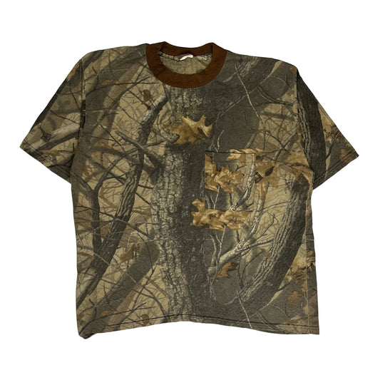 Faded Unbranded Ringer Camo T-Shirt - Large Brown Cotton