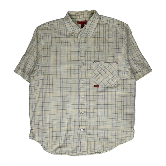 Guess Checked Short Sleeve Shirt - Large Cream Linen