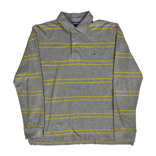 Tommy Hilfiger Striped Long Sleeve Polo Shirt - Large Grey Cotton