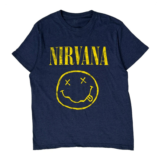 Smiley Face Graphic Nirvana T-Shirt - Medium Navy Cotton