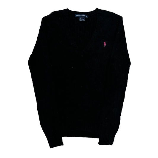 Cable Knit Ralph Lauren Sport V-Neck Jumper - Large Black Cotton
