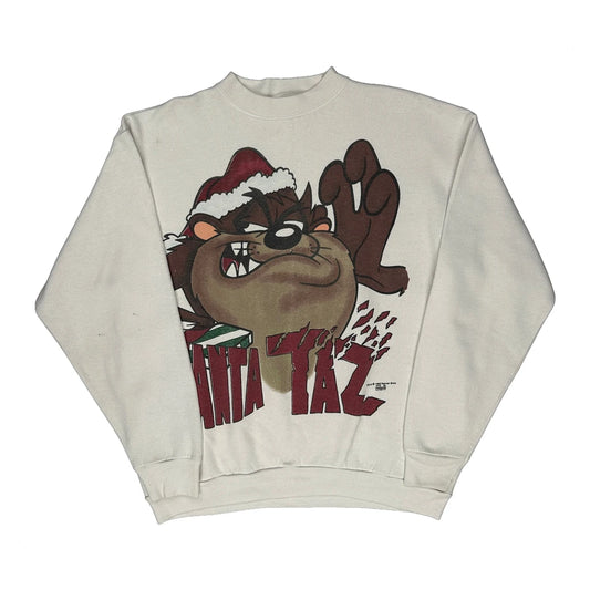Vintage 90S Made In USA Christmas Taz Looney Tunes Christmas Sweatshirt - Large White Cotton
