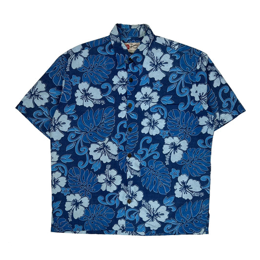 Hilo Hatties Floral Hawaiian Shirt - Large Blue Cotton