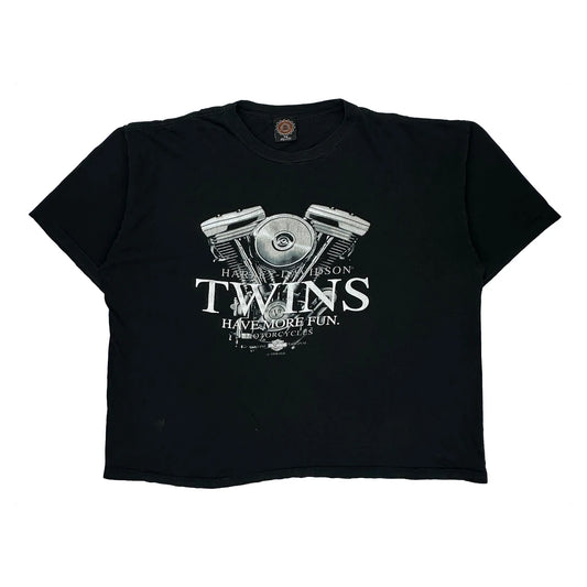 Vintage Twins Have More Fun Harley Davidson Graphic T-Shirt - 2XL Black Cotton