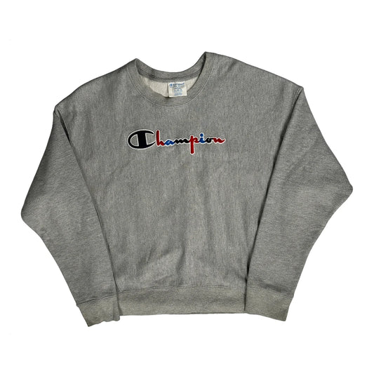 Vintage Reverse Weave Champion Spellout Sweatshirt - Large Grey Cotton