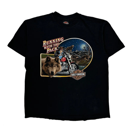 Vintage Running With The Pack Harley Davidson Graphic T-Shirt - XL Black Cotton